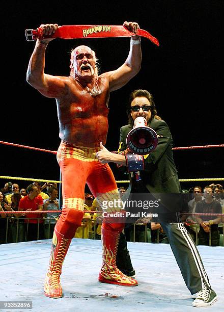 Hulk Hogan gestures to the audience after defeating Ric Flair during his Hulkamania Tour at the Burswood Dome on November 24, 2009 in Perth,...