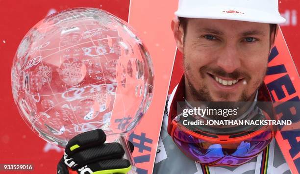 Overall Winner of the Men's Alpine Skiing World Cup Marcel Hirscher of Austria celebrates on the podium in Aare, Sweden, on March 18, 2018. / AFP...