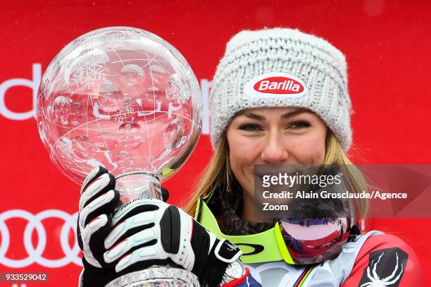 Mikaela Shiffrin of USA wins the globe in the overall standings during the Audi FIS Alpine Ski World Cup Finals Women's Giant Slalom on March 18,...