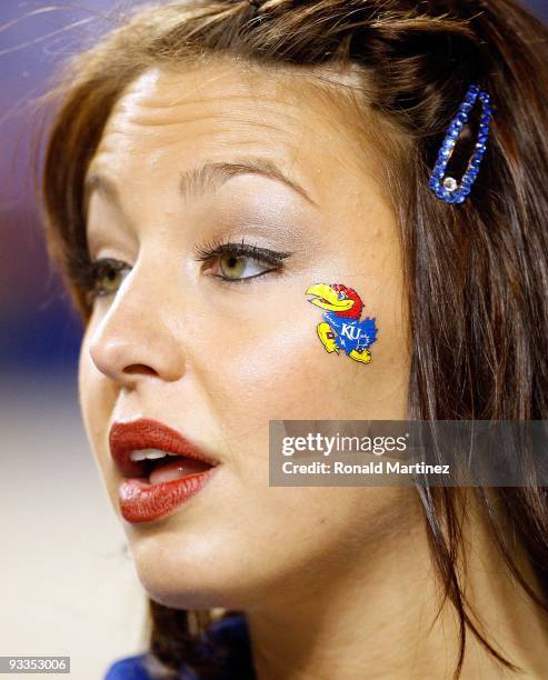 Claire Penzler of the Kansas Jayhawks Rock Chalk Dancers at Darrell K Royal-Texas Memorial Stadium on November 21, 2009 in Austin, Texas.