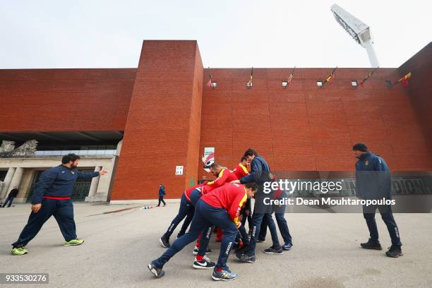 Players from Spain warm up prior to the Rugby World Cup 2019 Europe Qualifier match between Belgium and Spain held at Little Heysel next to King...