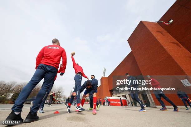 Players from Spain warm up prior to the Rugby World Cup 2019 Europe Qualifier match between Belgium and Spain held at Little Heysel next to King...