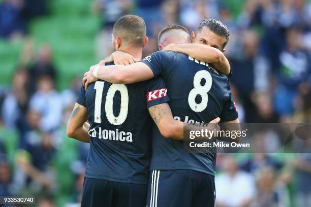 Besert Berisha of the Victory celebrates a goal during the round 23 A-League match between the Melbourne Victory and the Central Coast Mariners at...