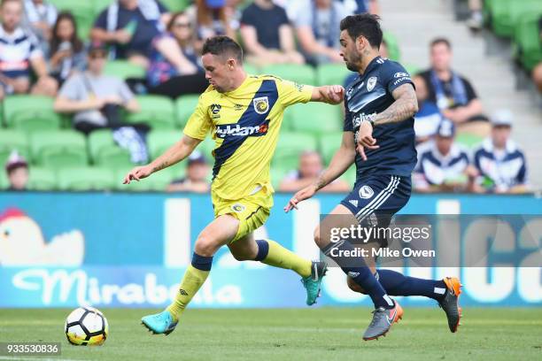 Blake Powell of the Mariners attempts a shot on goal during the round 23 A-League match between the Melbourne Victory and the Central Coast Mariners...