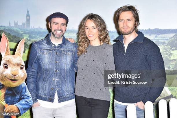 Julien Arruti, Elodie Fontan and Philippe Lacheau attend the "Peter Rabbit - Pierre Lapin" Paris Photocall at Cinema Gaumont Marignan on March 18,...