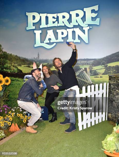 Julien Arruti, Elodie Fontan and Philippe Lacheau attend the "Peter Rabbit - Pierre Lapin" Paris Photocall at Cinema Gaumont Marignan on March 18,...