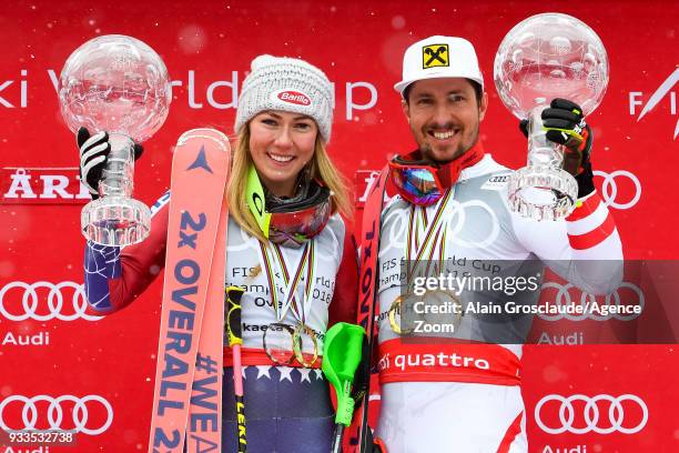 Mikaela Shiffrin of USA wins the globe in the overall standings, Marcel Hirscher of Austria wins the globe in the overall standings during the Audi...