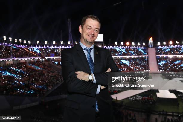 President Andrew Parsons poses for photographs ahead of the closing ceremony of the PyeongChang 2018 Paralympic Games at the PyeongChang Olympic...