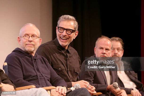 Bob Balaban, Jeremy Dawson, Jeff Goldblum, Jeremy Dawson and Randall Poster attend the premiere of "Isle of Dogs" at the Paramount Theatre during...