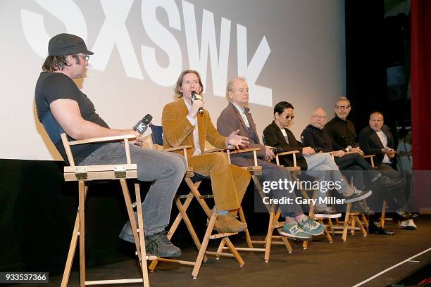 Robert Rodriguez, Wes Anderson, Bill Murray, Kunichi Nomura, Bob Balaban, Jeremy Dawson and Jeff Goldblum attend the premiere of "Isle of Dogs" at...