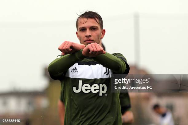 Cendrim Kameraj of Juventus celebrates after scoring a goal during the Viareggio Cup match between Juventus U19 snd Euro New York U19 on March 18,...