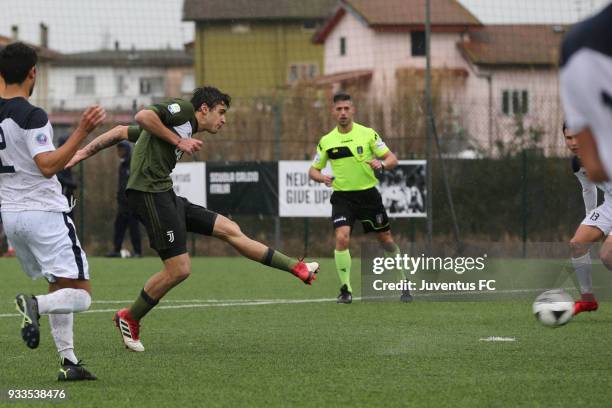 Sandro Kulenovic of Juventus scores a goal during the Viareggio Cup match between Juventus U19 snd Euro New York U19 on March 18, 2018 in Margine...