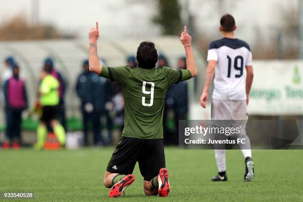 Sandro Kulenovic of Juventus celebrates after scoring a goal during the Viareggio Cup match between Juventus U19 snd Euro New York U19 on March 18,...