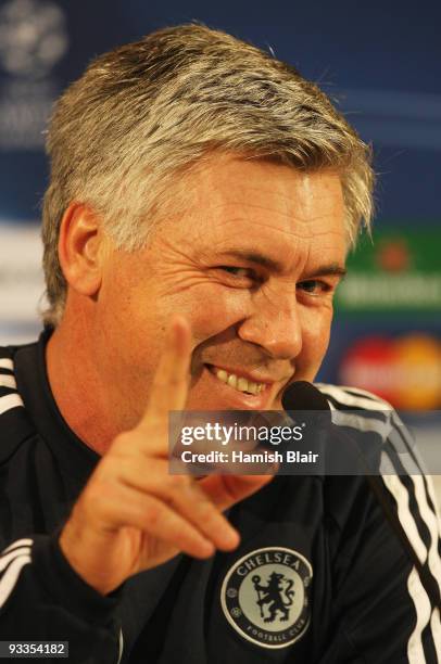 Manager Carlo Ancelotti gestures during the Chelsea press conference, prior to UEFA Champions League Group D match against FC Porto, at the Estadio...