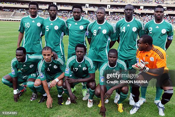 Nigeria's Super Eagles player pose before their World Cup qualifier match against Kenya in Nairobi on November 14, 2009. Midfielder John Obi Mikel,...