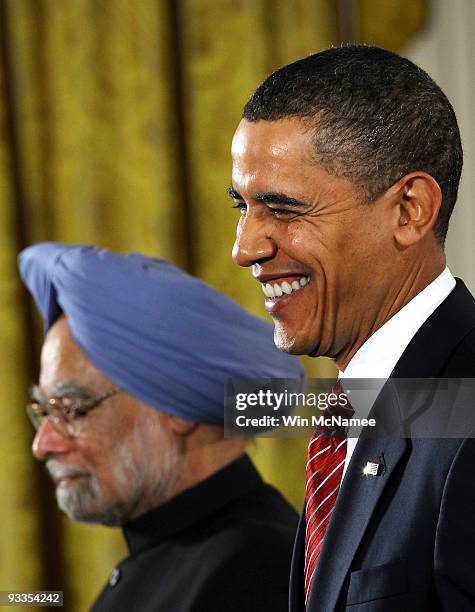 Indian Prime Minister Manmohan Singh and U.S. President Barack Obama participates in a joint press conference in the East Room of the White House...