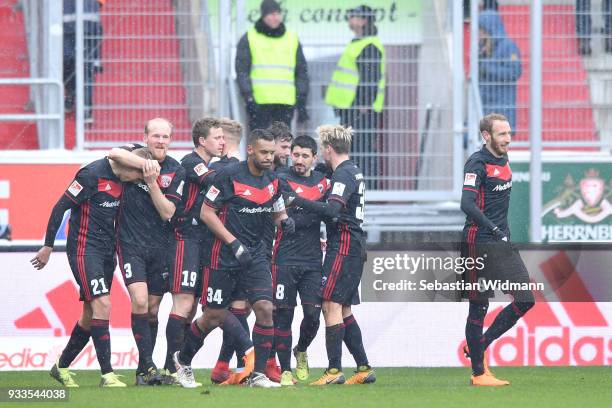 Players of Ingolstadt celebrate their second goal during the Second Bundesliga match between FC Ingolstadt 04 and SG Dynamo Dresden at Audi Sportpark...