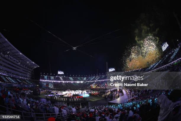 Fireworks during the closing ceremony of the PyeongChang 2018 Paralympic Games at the PyeongChang Olympic Stadium on March 18, 2018 in...