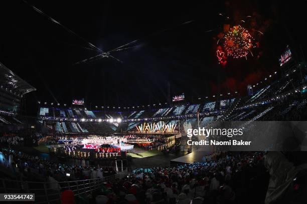 Fireworks during the closing ceremony of the PyeongChang 2018 Paralympic Games at the PyeongChang Olympic Stadium on March 18, 2018 in...