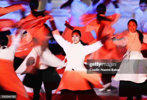 Dancers perform during the closing ceremony of the PyeongChang 2018 Paralympic Games at the PyeongChang Olympic Stadium on March 18, 2018 in...