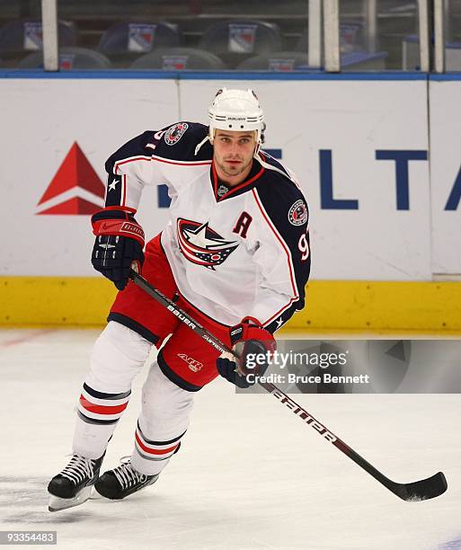 Rostislav Klesla of the Columbus Blue Jackets skates against the New York Rangers at Madison Square Garden on November 23, 2009 in New York, New...