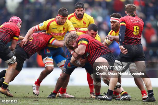 Marco Ferrer Pinto of Spain battles for the ball with Maxime Jadot of Belgium during the Rugby World Cup 2019 Europe Qualifier match between Belgium...