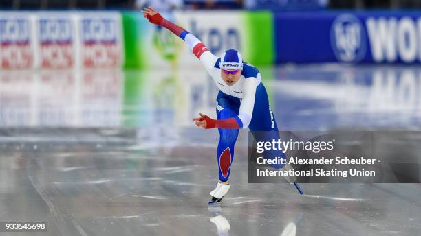 Olga Fatkulina of Russia competes in the Ladies 500m 2nd race during the ISU World Cup Speed Skating Final Day 2 at Speed Skating Arena on March 18,...