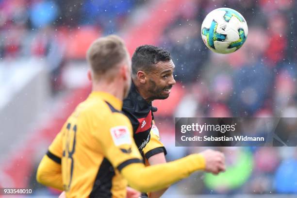 Marvin Matip of Ingolstadt jumps for a header during the Second Bundesliga match between FC Ingolstadt 04 and SG Dynamo Dresden at Audi Sportpark on...