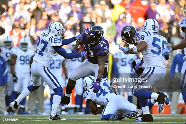 Willis McGahee of the Baltimore Ravens runs the ball against the Indianapolis Colts at M&T Bank Stadium on November 22, 2009 in Baltimore, Maryland....