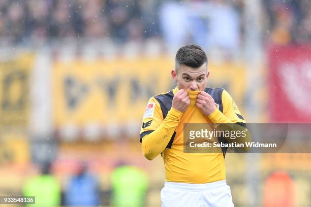 Sascha Horvath of Dresden reacts during the Second Bundesliga match between FC Ingolstadt 04 and SG Dynamo Dresden at Audi Sportpark on March 18,...