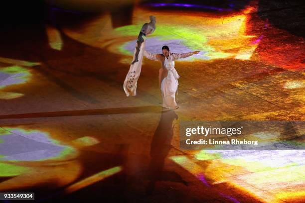 Dancer performs during the closing ceremony of the PyeongChang 2018 Paralympic Games at the PyeongChang Olympic Stadium on March 18, 2018 in...