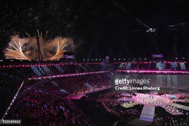 Fireworks are seen during the closing ceremony of the PyeongChang 2018 Paralympic Games at the PyeongChang Olympic Stadium on March 18, 2018 in...