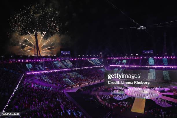 Fireworks are seen during the closing ceremony of the PyeongChang 2018 Paralympic Games at the PyeongChang Olympic Stadium on March 18, 2018 in...