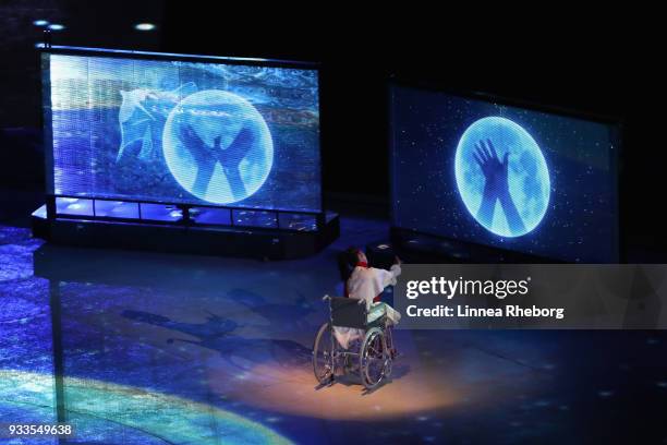 Dancer performs during the closing ceremony of the PyeongChang 2018 Paralympic Games at the PyeongChang Olympic Stadium on March 18, 2018 in...