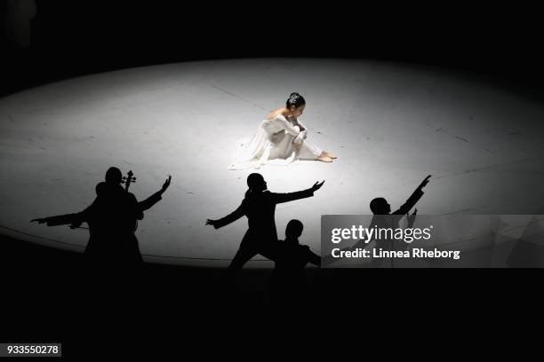 Dancers perform during the closing ceremony of the PyeongChang 2018 Paralympic Games at the PyeongChang Olympic Stadium on March 18, 2018 in...