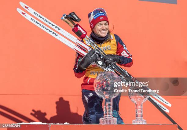 Heidi Weng of Norway during podium after Ladies 10.0 km Pursuit Free at Lugnet Stadium on March 18, 2018 in Falun, Sweden.