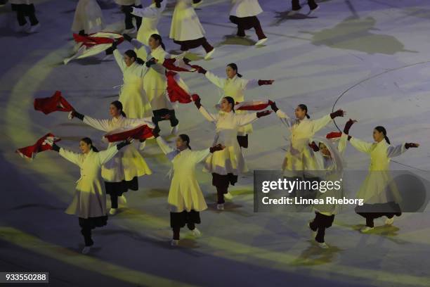 Dancers perform during the closing ceremony of the PyeongChang 2018 Paralympic Games at the PyeongChang Olympic Stadium on March 18, 2018 in...