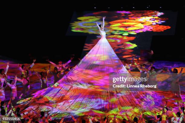 Dancers perform during the closing ceremony of the PyeongChang 2018 Paralympic Games at the PyeongChang Olympic Stadium on March 18, 2018 in...