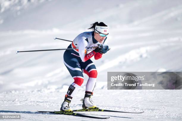 Marit Bjoergen of Norway in action during Ladies 10.0 km Pursuit Free at Lugnet Stadium on March 18, 2018 in Falun, Sweden.