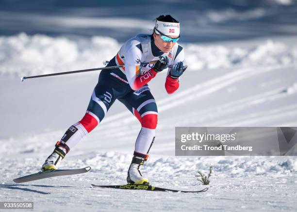 Marit Bjoergen of Norway in action during Ladies 10.0 km Pursuit Free at Lugnet Stadium on March 18, 2018 in Falun, Sweden.