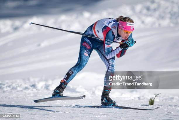 Jessica Diggins of the United States in action during Ladies 10.0 km Pursuit Free at Lugnet Stadium on March 18, 2018 in Falun, Sweden.