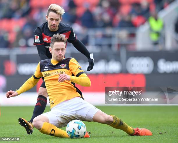 Thomas Pledl of Ingolstadt and Jannik Mueller of Dresden compete for the ball during the Second Bundesliga match between FC Ingolstadt 04 and SG...