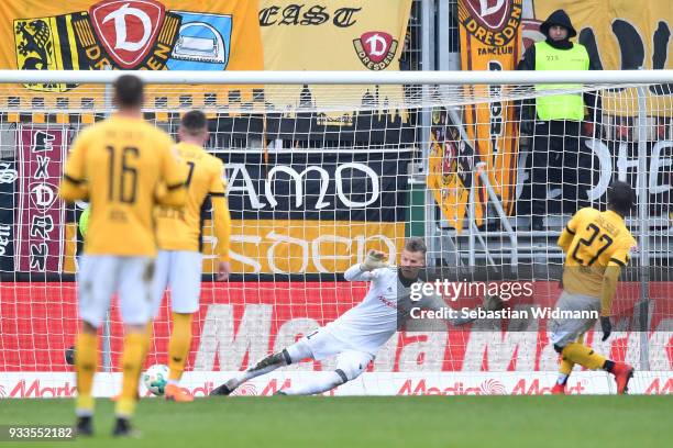 Moussa Kone of Dresden scores his teams first goal with a penalty kick during the Second Bundesliga match between FC Ingolstadt 04 and SG Dynamo...