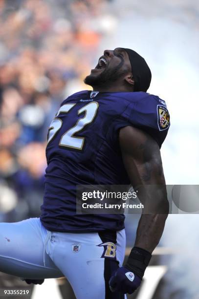 Ray Lewis of the Baltimore Ravens is introduced before the game against the Indianapolis Colts at M&T Bank Stadium on November 22, 2009 in Baltimore,...