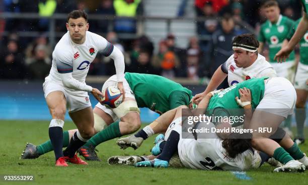 Danny Care of England passes the ball during the NatWest Six Nations match between England and Ireland at Twickenham Stadium on March 17, 2018 in...