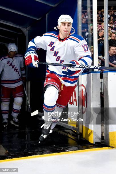 Brandon Dubinsky of the New York Rangers steps on to the ice before a game against the Edmonton Oilers at Rexall Place on November 5, 2009 in...
