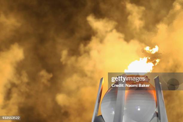 The paralympic flame is seen during the closing ceremony of the PyeongChang 2018 Paralympic Games at the PyeongChang Olympic Stadium on March 18,...