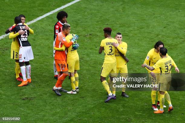 Paris Saint-Germain's Brazilian defender Thiago Silva, Nice's French defender Malang Sarr, Nice's Brazilian defender Dante. Paris Saint-Germain's...