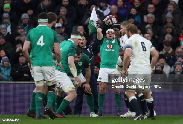 Rory Best, the Ireland hooker prepares to throw the ball during the NatWest Six Nations match between England and Ireland at Twickenham Stadium on...