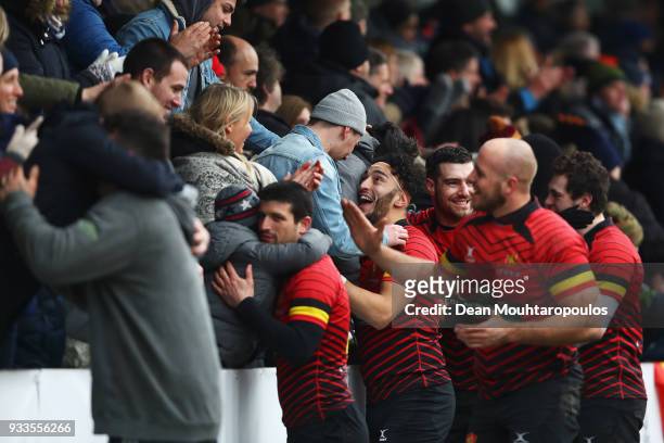 The players of Belgium celebrate victory after the Rugby World Cup 2019 Europe Qualifier match between Belgium and Spain held at Little Heysel next...